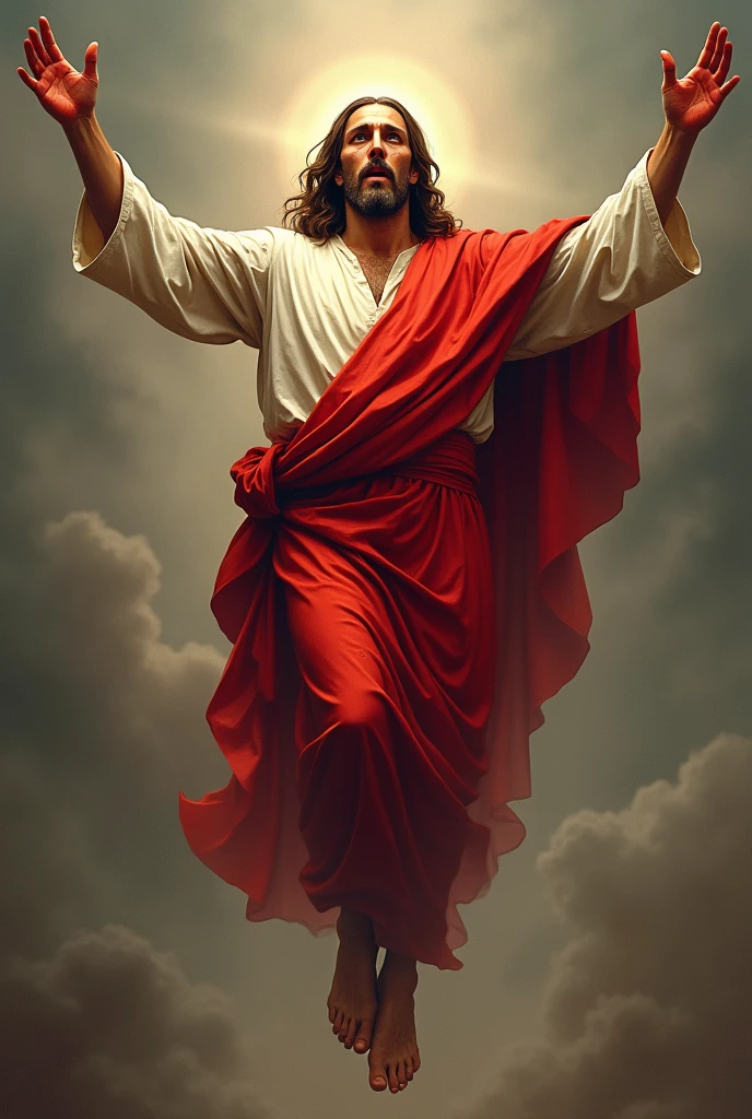 jesus christ with hole through  on his hand and feets with red blood robe   risen in air and wave at us