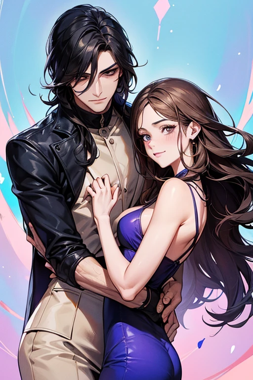 (ultra detalhado, absolutamente resolução, melhor qualidade:1.3), 2.5D, bela moça, fleeting e sad expression, cabelo liso castanho claro bagunçado em camadas, testa, (attractive e seductive) e (amorous e lewd) Face, inventar, vestindo um vestido preto de estilingue, proporções glamourosas, fundo escuro e opaco, delicate e dynamic effects, efeitos de filtro nebulosos, efeitos de iluminação iridescente, artístico, Hiper, arte digital gráfica em CG, BREAK olhos escuros, man and woman, couple, love, mature, a cat woman, she has freckles, she has dark brown eyes and an upturned nose, she is happy and smiling, she has long wavy hair, black hair, she is wearing aviator sunglasses with clear lenses in a soft watercolor style. The girl's clothes must be pink, purple, and blue in celebration of the bisexual, with stains of ink and watercolor mixing and filling the scene. he has blonde hair, he is handsome, he is slim. There should be a subtle, nuanced change in colors using the impasto technique with gouache paint. There should be a light rain in the watercolor painting with a little watercolor paper texture and a pastel background.