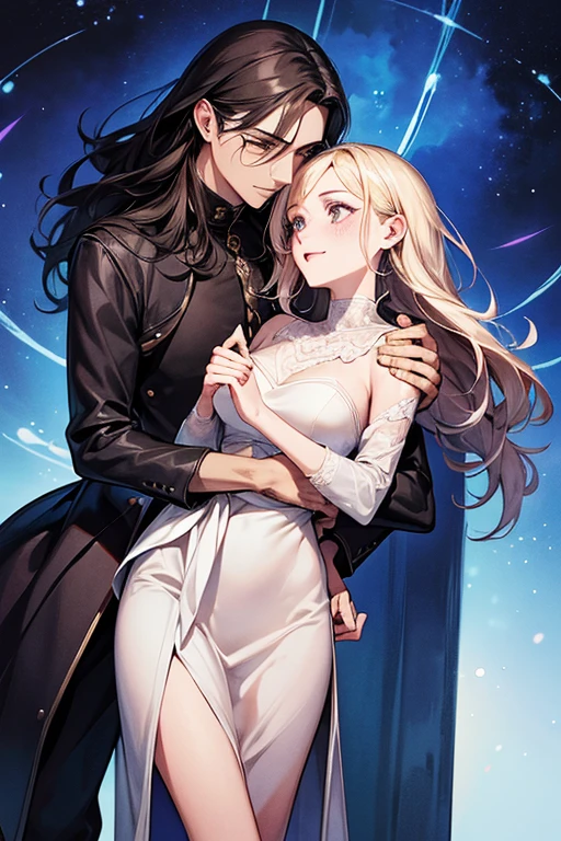 (ultra detalhado, absolutamente resolução, melhor qualidade:1.3), 2.5D, bela moça, fleeting e sad expression, cabelo liso castanho claro bagunçado em camadas, testa, (attractive e seductive) e (amorous e lewd) Face, inventar, vestindo um vestido preto de estilingue, proporções glamourosas, fundo escuro e opaco, delicate e dynamic effects, efeitos de filtro nebulosos, efeitos de iluminação iridescente, artístico, Hiper, arte digital gráfica em CG, BREAK olhos escuros, man and woman, couple, love, mature, a cat woman, she has freckles, she has dark brown eyes and an upturned nose, she is happy and smiling, she has long wavy hair, black hair, she is wearing aviator sunglasses with clear lenses in a soft watercolor style. The girl's clothes must be pink, purple, and blue in celebration of the bisexual, with stains of ink and watercolor mixing and filling the scene. he has blonde hair, he is handsome, he is slim. There should be a subtle, nuanced change in colors using the impasto technique with gouache paint. There should be a light rain in the watercolor painting with a little watercolor paper texture and a pastel background.