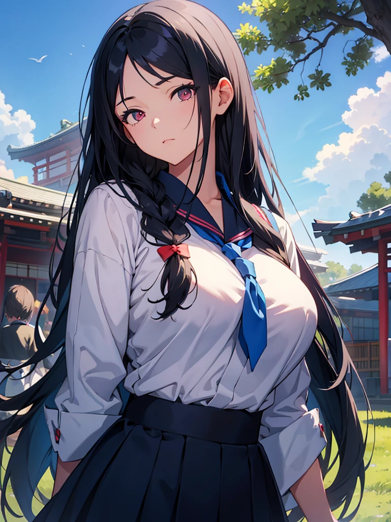 School,Schoolyard,blue sky,One girl, Long Hair, Black Hair, look up, High resolution, Large Breasts, Contemptuous eyes, Character portrait, Barrette, Japanese illustration style, 