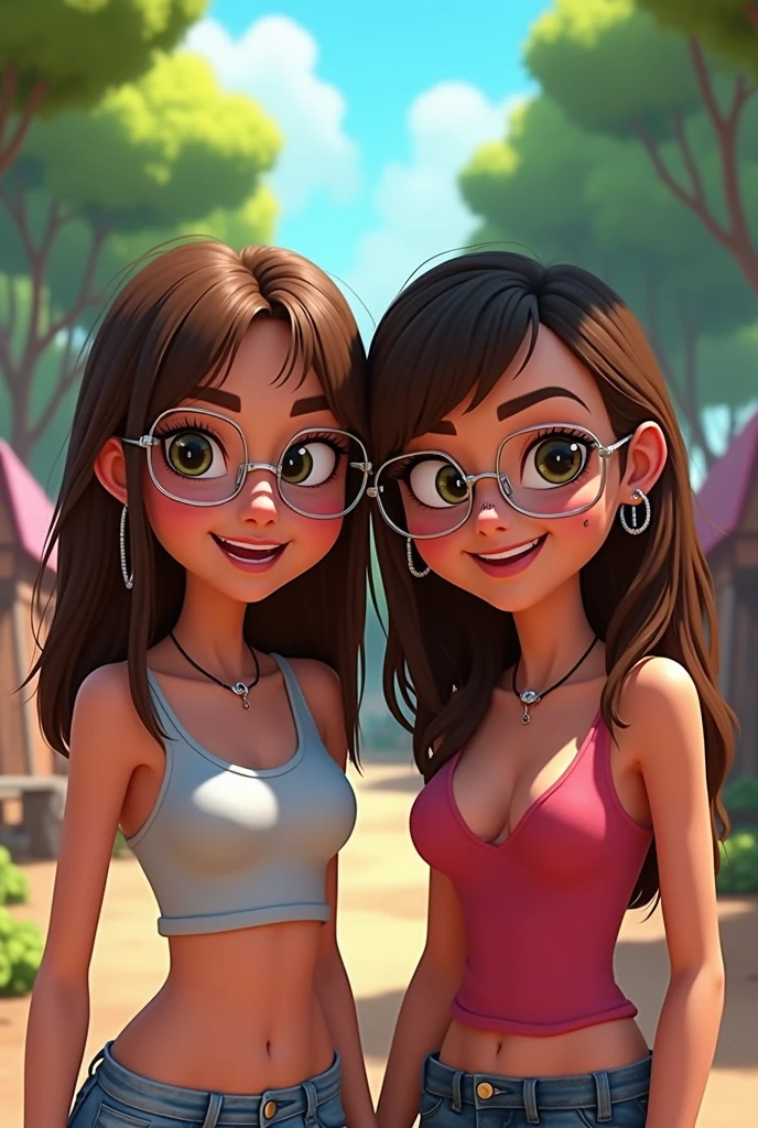 In the style of total drama island, make a 2 girl with brown hair and curtain bangs, silver glasses, a septum ring, a nose ring, and a vertical labret piercing