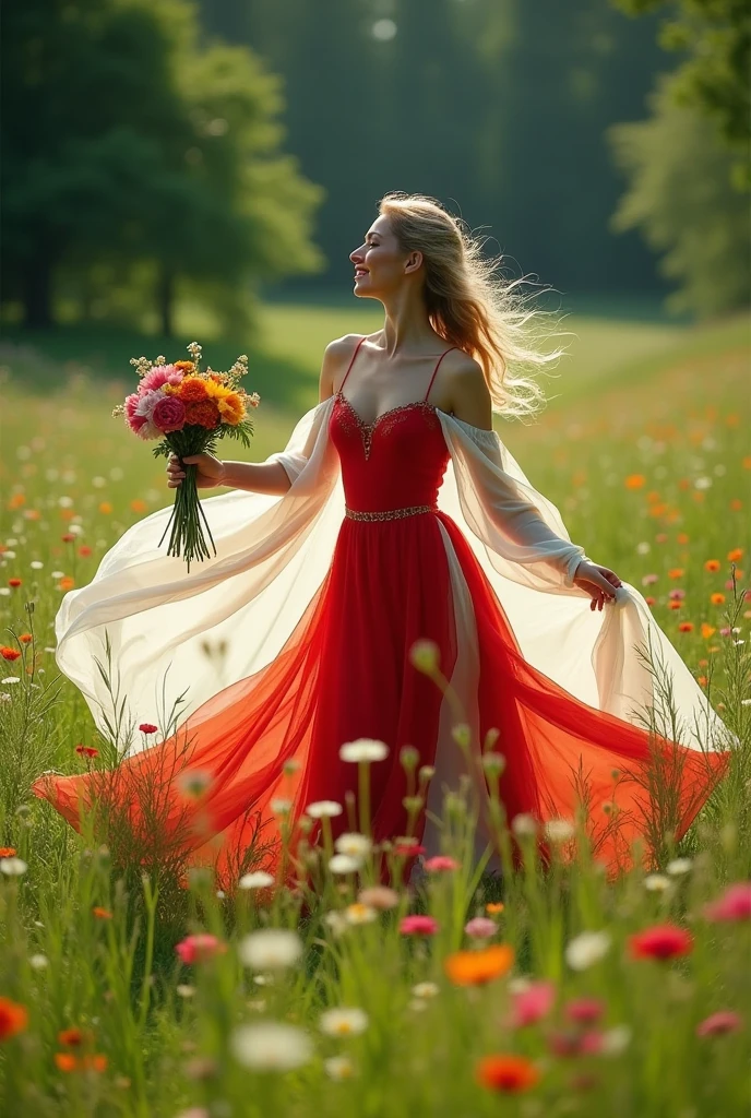 Photoshot of a beautiful woman wearing a red and white dress and city mah . the one on the shoulder has a long cloth.
Dancing in the green meadow while holding flowers
