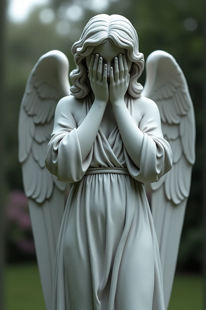 Realistic image of an angel statue covering its eyes with its hands