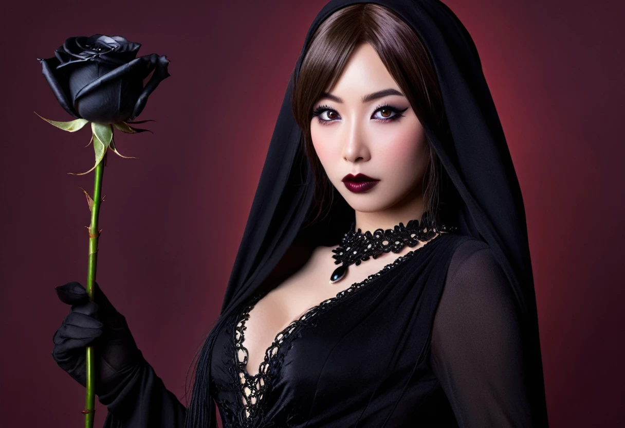 a cute Yuna in cosplay as Morticia Adams, beautiful detailed eyes, beautiful detailed lips, extremely detailed eyes and face, long eyelashes, slinky black dress, deep v down middle, deep thigh slits, sultry pose, holding a black rose, 8k, best quality, high resolution, masterpiece, ultra-detailed, realistic, photorealistic, HDR, studio lighting, extreme detail description, vivid colors, dark gothic, chiaroscuro lighting, moody atmosphere, dramatic lighting