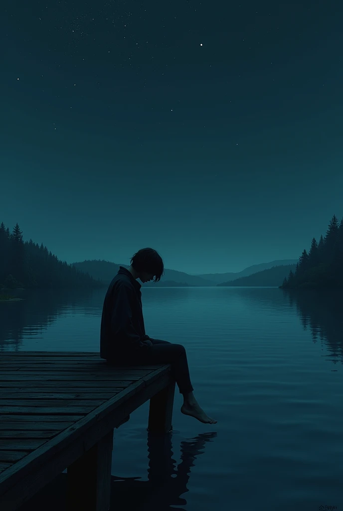 A disappointed person sitting on the edge of the pier watching the stars