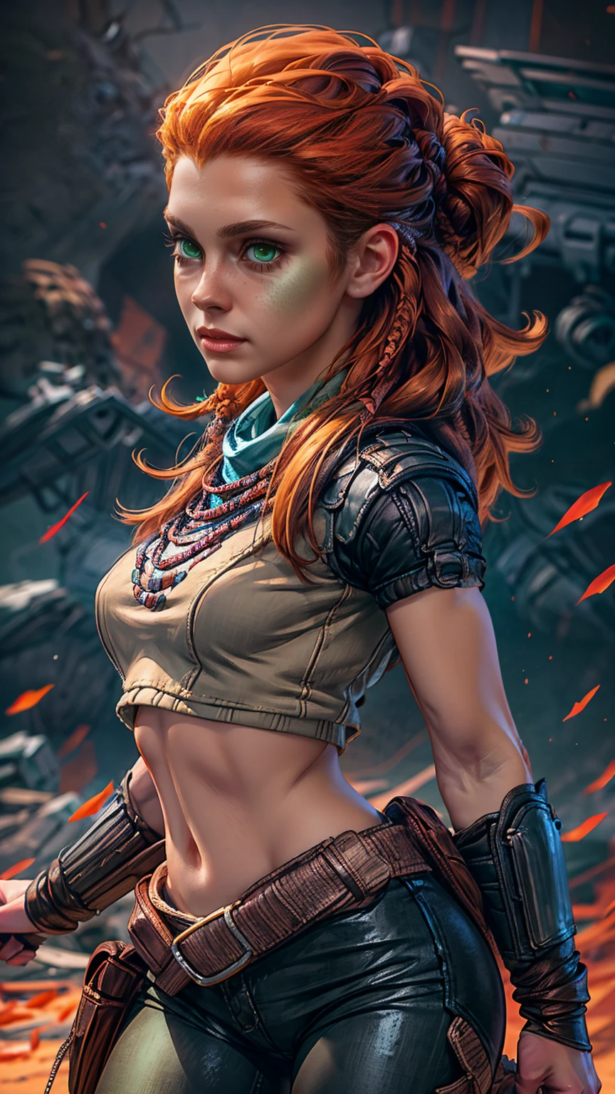 beautiful detailed eyes, beautiful detailed lips, extremely detailed eyes and face, long eyelashes, 1girl, cosplay, Kim Possible cosplays as Aloy from Horizon games, intricate detailed costume, high quality 3D render, cinematic lighting, photorealistic, hyper detailed, vibrant colors, warm lighting, dramatic pose, dynamic action, epic fantasy, (wide angle:1.32), (full length portrait:1.27), human anatomy, human proportions 