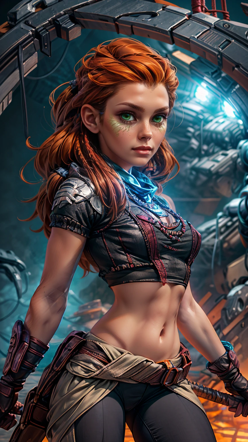 beautiful detailed eyes, beautiful detailed lips, extremely detailed eyes and face, long eyelashes, 1girl, cosplay, Kim Possible cosplays as Aloy from Horizon games, intricate detailed costume, high quality 3D render, cinematic lighting, photorealistic, hyper detailed, vibrant colors, warm lighting, dramatic pose, dynamic action, epic fantasy, (wide angle:1.32), (full length portrait:1.27), human anatomy, human proportions 