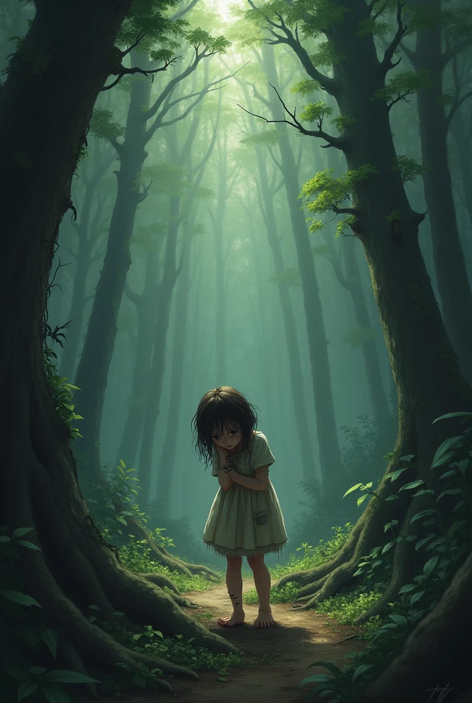 Young girl lost in the forest crying, bare feet, torn clothes