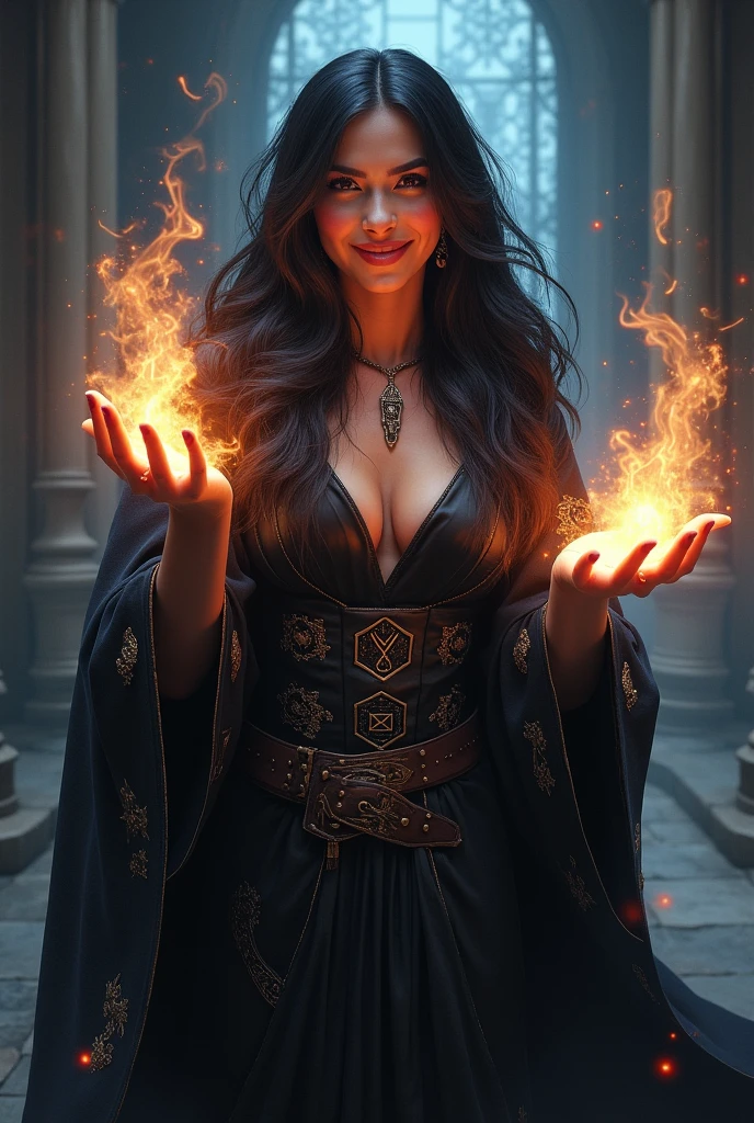 Create a semi-realistic and stylized image of a powerful and stunning witch with an intense, mocking laugh. She should appear young and beautiful, with luminous skin and long, shiny hair in a deep tone like black or red. The witch is wearing an elegant and sophisticated cloak adorned with magical details such as runes or esoteric symbols. She is casting magic, with a glowing aura and magical energy beams emanating from her hands, creating enchanting shapes around her. The background should be mystical and intriguing, with subtle magical effects, emphasizing the witch’s power and beauty while her laugh adds a touch of irony and control.