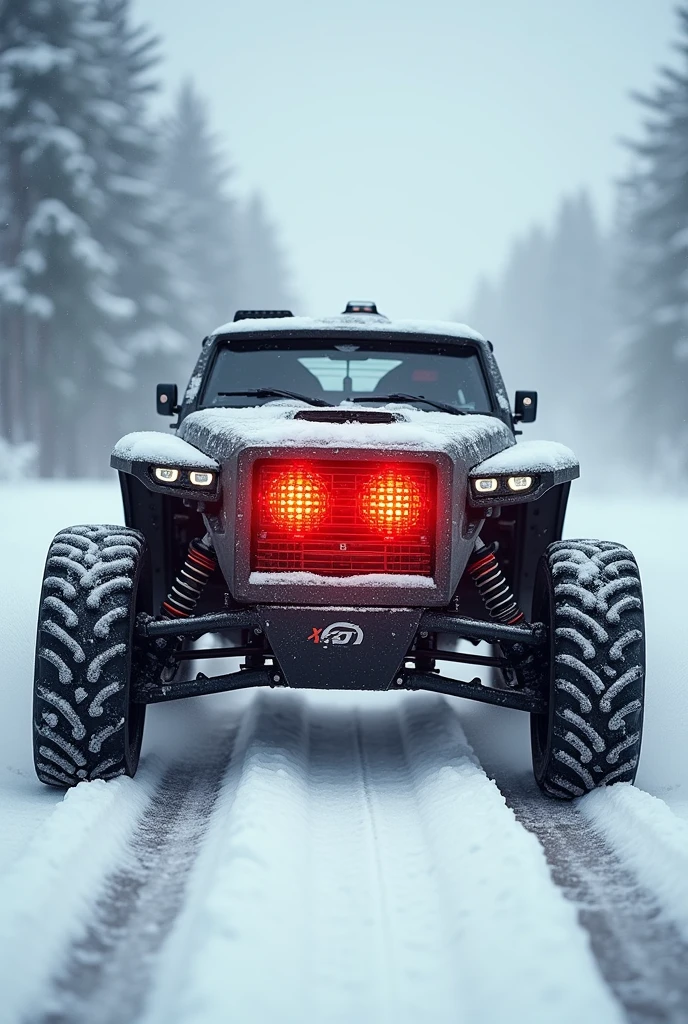 A wheeled heater with a red front due to the heat it radiates., It has 4 wheels with sports tires and travels at high speed on a snowy road. very marked details