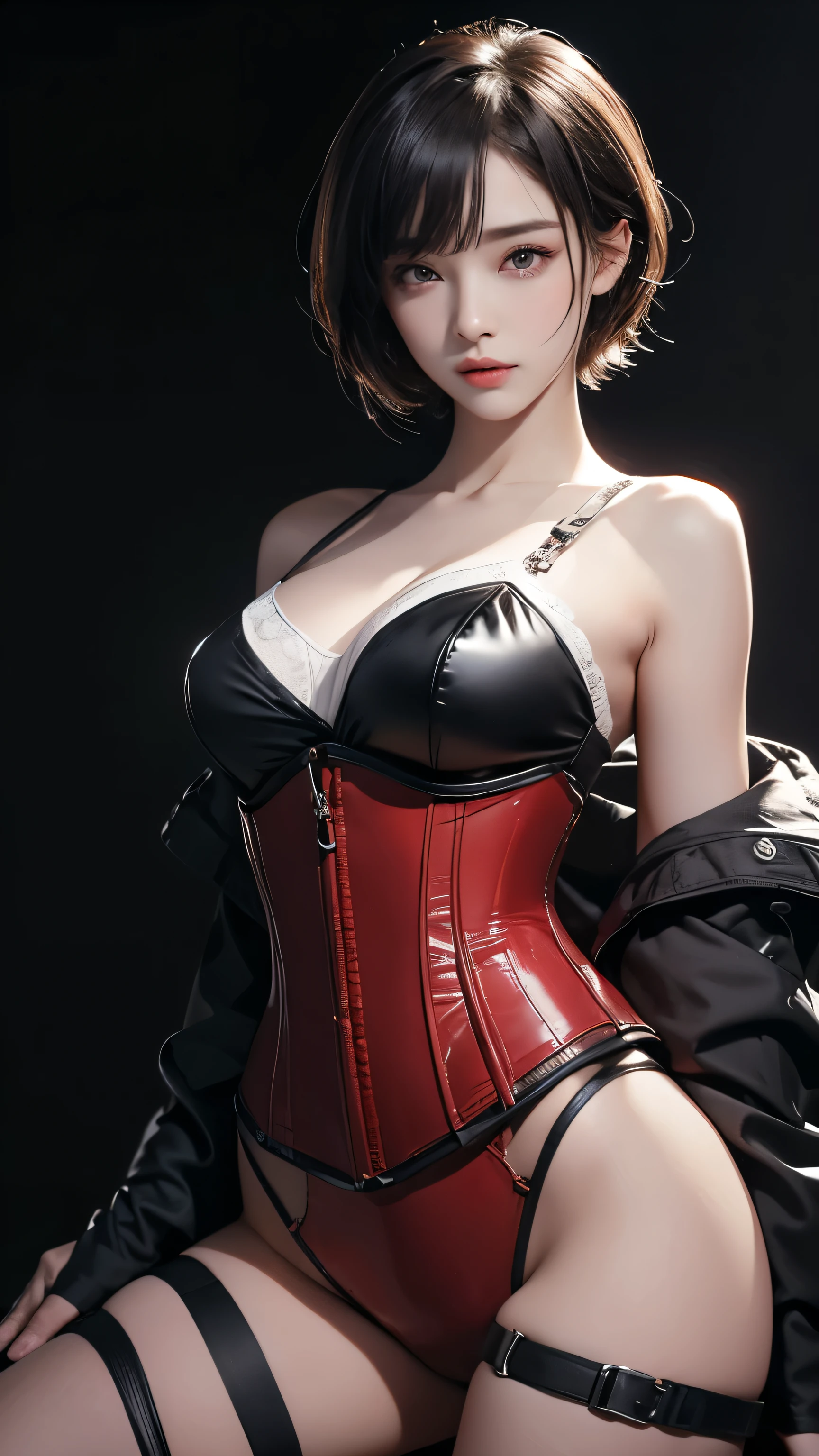 masterpiece, Highest quality, Very detailed, To the camera, Very detailed, Realistic, Sharp features, Very detailed, Sharp focus, Perfect Face, Perfect Face, Perfect symmetry and perfect eyes, Perfect Plump Lips, Flexible female form, cinematic, Film Light, Very detailedな, hyper Realistic, masterpiece, Atmospheric, High resolution, Vibrant, Dynamic Studio Lighting, ((Dark Background)), The facial expression when feeling happy, handcuffs, BDSM, slave, Rubber, Red Corset, (赤いfirst round), ((Highest quality, 8k, masterpiece: 1.3)), Sharp focus: 1.2, Beautiful woman with perfect figure: 1.4, Slim abs: 1.2, Wet body: 1.5, Very detailed face and skin texture, Detailed eyes, double eyelid, Very short hair,((SM lady)),((m嬢)),handcuffs,first round,Red and black outfit