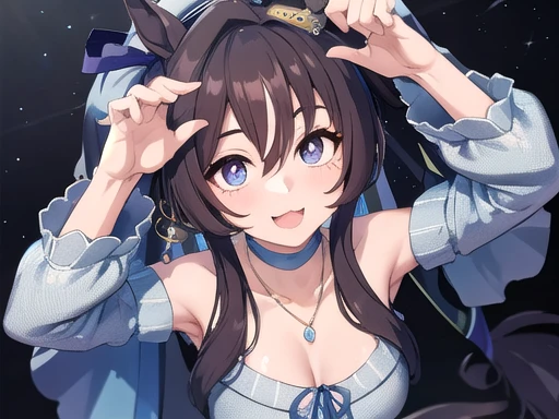 masterpiece, uhd, best quality, highres, 8k、shoot from above、upper body shot。solo、Alone、1Alone。Girl with horse ears、beautiful girl、flat chest、low length、。Smile。necklace。Blue dress、Knitted sweater、Shoulder less、Attached sleeves、Thick Yarn、Mesh pattern、knitting、Veil、Veil。Hands on hips。breeze、cliff、Starry Sky。