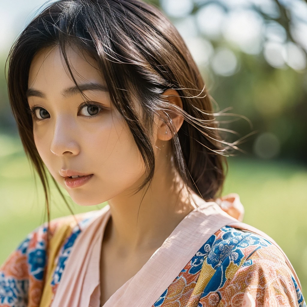 A hyper-realistic image of a single Japanese woman in her early 20s, captured from the shoulders up with the nostalgic warmth and subtle graininess of a film camera. She is wearing a traditional yukata with a vibrant, cute design featuring bold and colorful floral patterns such as cherry blossoms and peonies in shades of pink, red, and lavender, set against a soft pastel background. The obi is elegantly tied with a complementary color, adding a playful touch. The fabric of the yukata appears naturally lightweight, with visible folds and textures that enhance its realism, draping gracefully over her shoulders. Her skin, seen clearly from the shoulders up, has a warm beige tone with a highly realistic, slightly rough texture, showing visible pores, fine lines, and minor blemishes. The texture includes areas of slight unevenness, such as subtle dryness around the cheeks and small shadows under the eyes, deliberately embracing imperfections that mimic real-life skin, avoiding any airbrushed look. The lighting is soft and muted, replicating gentle, diffused natural light from an overcast day or early evening, creating soft shadows that enhance the depth and authentic texture of her skin, emphasizing every detail like the fine hairs and natural sheen. Her straight, glossy black hair frames her face naturally, slightly tousled, adding to the authenticity of her look. Her deep brown eyes subtly reflect the ambient light, providing depth and a lifelike quality. The film camera effect introduces a noticeable grain and a soft focus, giving the image a warm, nostalgic atmosphere while maintaining the raw, lifelike quality of her skin. The composition is centered solely on her, capturing her serene and understated elegance, focusing closely on the realistic textures of the yukata and her genuinely natural skin texture, as if it were a photograph taken in real life.