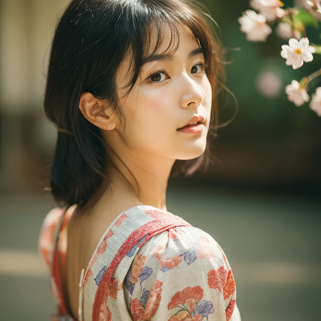 A hyper-realistic image of a single Japanese woman in her early 20s, captured from the shoulders up with the nostalgic warmth and subtle graininess of a film camera. She is wearing a traditional yukata with a vibrant, cute design featuring bold and colorful floral patterns such as cherry blossoms and peonies in shades of pink, red, and lavender, set against a soft pastel background. The obi is elegantly tied with a complementary color, adding a playful touch. The fabric of the yukata appears naturally lightweight, with visible folds and textures that enhance its realism, draping gracefully over her shoulders. Her skin, seen clearly from the shoulders up, has a warm beige tone with a highly realistic, slightly rough texture, showing visible pores, fine lines, and minor blemishes. The texture includes areas of slight unevenness, such as subtle dryness around the cheeks and small shadows under the eyes, deliberately embracing imperfections that mimic real-life skin, avoiding any airbrushed look. The lighting is soft and muted, replicating gentle, diffused natural light from an overcast day or early evening, creating soft shadows that enhance the depth and authentic texture of her skin, emphasizing every detail like the fine hairs and natural sheen. Her straight, glossy black hair frames her face naturally, slightly tousled, adding to the authenticity of her look. Her deep brown eyes subtly reflect the ambient light, providing depth and a lifelike quality. The film camera effect introduces a noticeable grain and a soft focus, giving the image a warm, nostalgic atmosphere while maintaining the raw, lifelike quality of her skin. The composition is centered solely on her, capturing her serene and understated elegance, focusing closely on the realistic textures of the yukata and her genuinely natural skin texture, as if it were a photograph taken in real life.