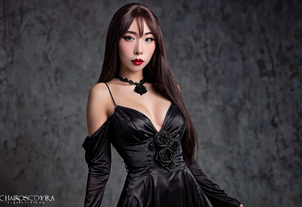 a cute Yuna in cosplay as Morticia Adams, beautiful detailed eyes, beautiful detailed lips, extremely detailed eyes and face, long eyelashes, slinky black dress, deep v down middle, deep thigh slits, sultry pose, holding a black rose, 8k, best quality, high resolution, masterpiece, ultra-detailed, realistic, photorealistic, HDR, studio lighting, extreme detail description, vivid colors, dark gothic, chiaroscuro lighting, moody atmosphere, dramatic lighting