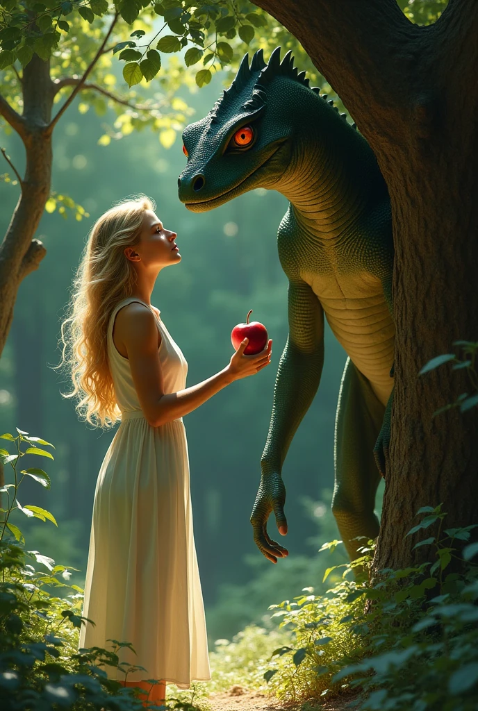 Strong, slender male reptilian with dark green scales and red eyes, observe from behind a tree, a blonde woman in a simple white tunic looking at him very curiously with an apple in her hand, and with the other touch his chest