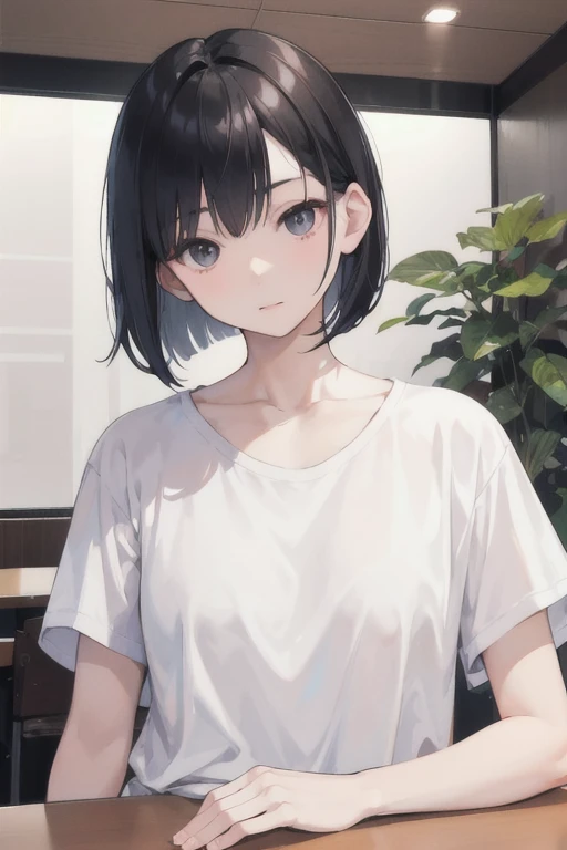 A realistic image of a Japanese person with a medium bob hairstyle, black hair, and wearing a white T-shirt. The person is facing right at a 45-degree angle with the background set in a cozy cafe. The image is square-shaped, focusing on the upper body and face, capturing the calm and serene atmosphere of the cafe.