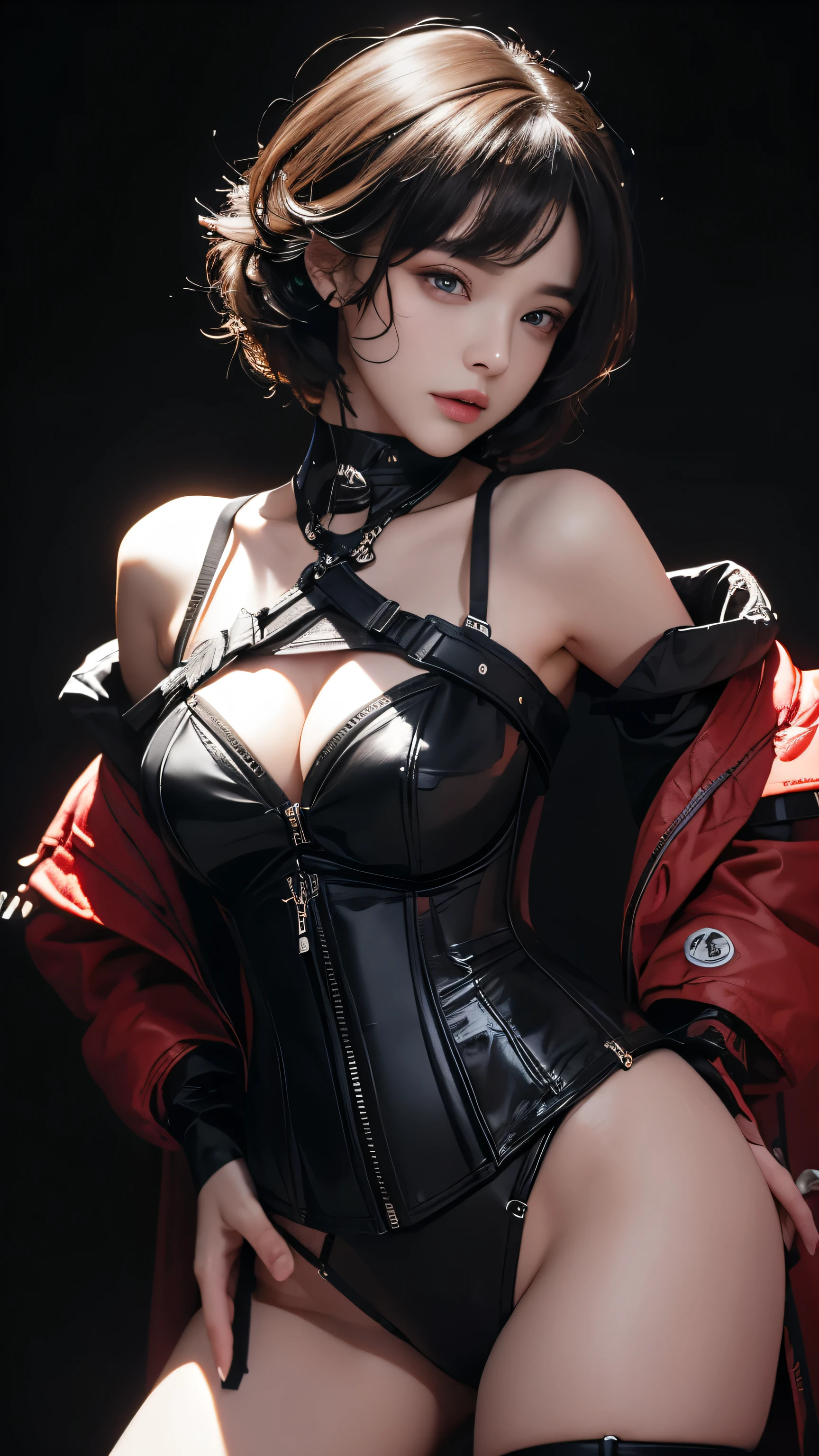 masterpiece, Highest quality, Very detailed, To the camera, Very detailed, Realistic, Sharp features, Very detailed, Sharp focus, Perfect Face, Perfect Face, Perfect symmetry and perfect eyes, Perfect Plump Lips, Flexible female form, cinematic, Film Light, Very detailedな, hyper Realistic, masterpiece, Atmospheric, High resolution, Vibrant, Dynamic Studio Lighting, ((Dark Background)), The facial expression when feeling happy, handcuffs, BDSM, slave, Rubber, Red Corset, (赤いfirst round), ((Highest quality, 8k, masterpiece: 1.3)), Sharp focus: 1.2, Beautiful woman with perfect figure: 1.4, Slim abs: 1.2, Wet body: 1.5, Very detailed face and skin texture, Detailed eyes, double eyelid, Very short hair,((SM lady)),((m嬢)),handcuffs,first round,Red and black outfit