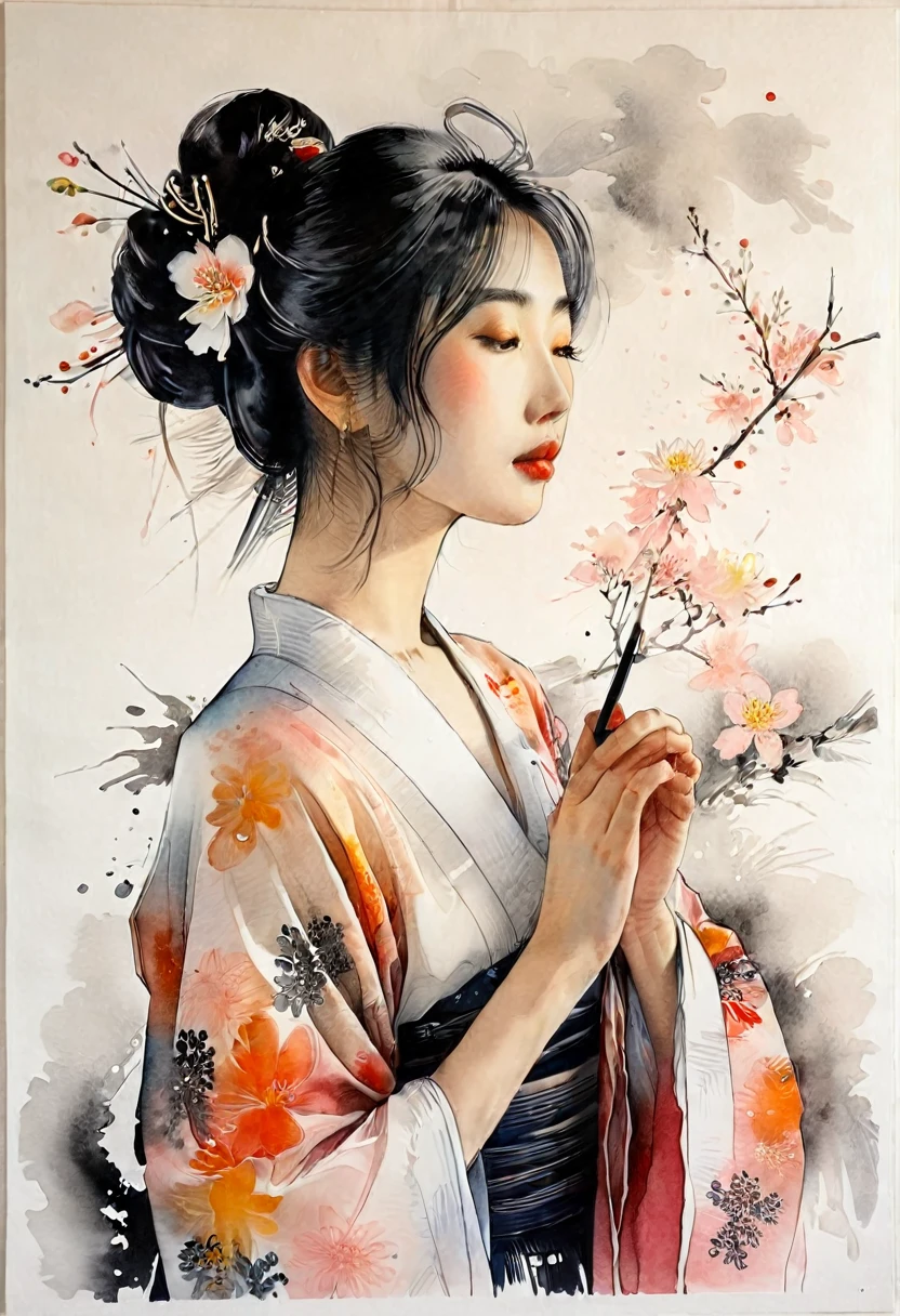 Affectionate woman(Ink on Japanese paper, that tends to bleed easily)(Contemporary art as an illustrated book.) (transparent watercolor) (the light itself expressed as real) (layers of soft, Rich colors) (shades of smart dissolved thinly with water) (deep, delicate colors)
smart (Draw) in black and white:1.4