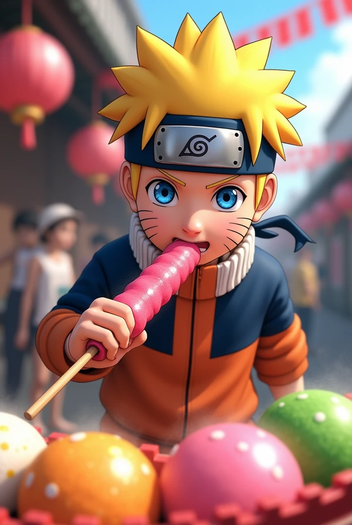Naruto eats a pink skewer, white, green hanami dango