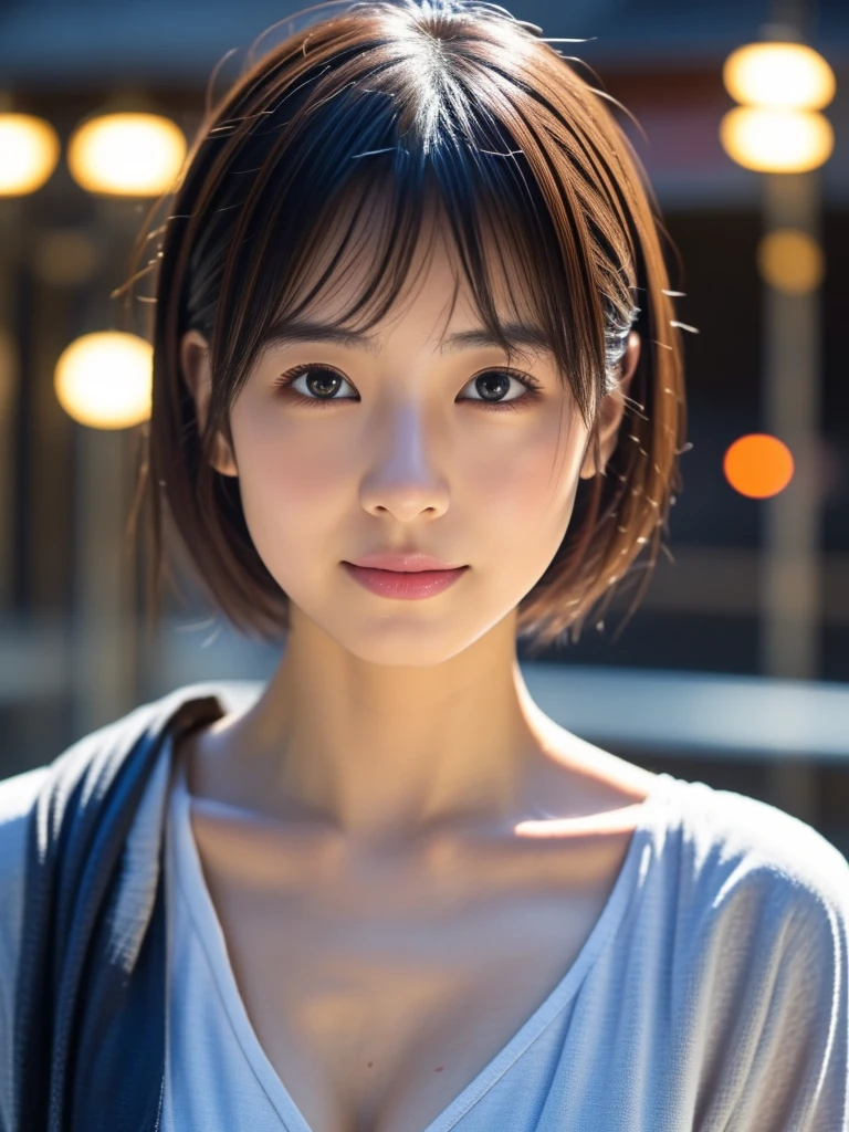 masutepiece, (Best Quality:1.4), Realistic, Dramatic lighting,Professional Writing,strong shadows,Highly detailed unified 16k wallpapers, Photorealistic ray-traced depth of field,、Rainy city night buildings ,Orange filter、((Random pose 1.3)),drenched, Dripping, Wet Face,Wet clothes, Wet Skin, Wet Hair,A young woman with a cute face like a Japanese idol,(Cleavage),((Cinema Lighting),(Natural light),(High level of artistry),(artistic),(Indistinguishable quality from the real thing),RAW Photos,Genuine,Genuine,High resolution,RAW Photos,masterpiece, beautiful
