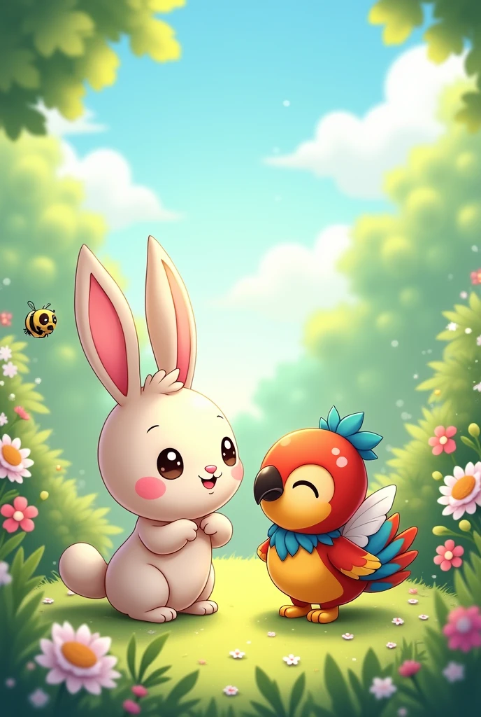 a rabbit, A parrot and a bee, chibi anime version