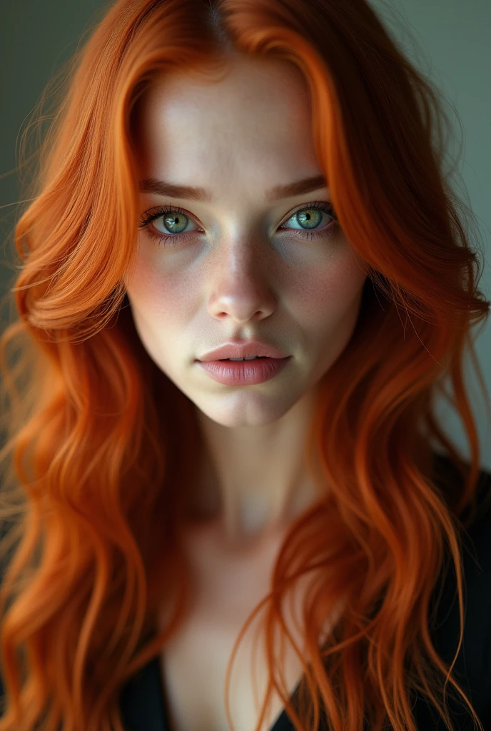 ultra realistic photograph: beautiful redhead woman green eyes 