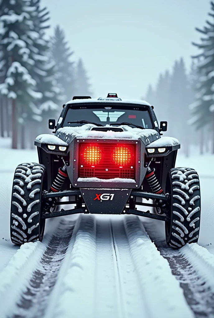 A wheeled heater with a red front due to the heat it radiates., It has 4 wheels with sports tires and travels at high speed on a snowy road. very marked details