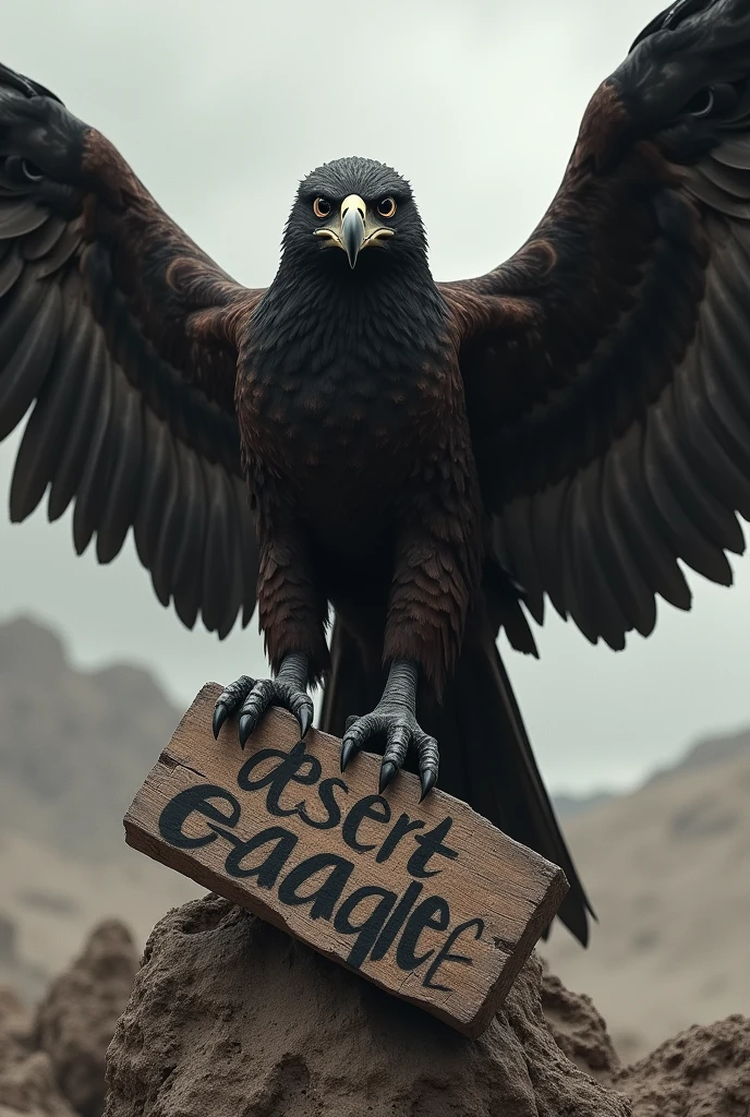 Eagle wings open rock, eagle as semblance of evil, in the cracked desert holding in its claws a piece of wood with the word Desert Eagle written on it in capital letters black sky