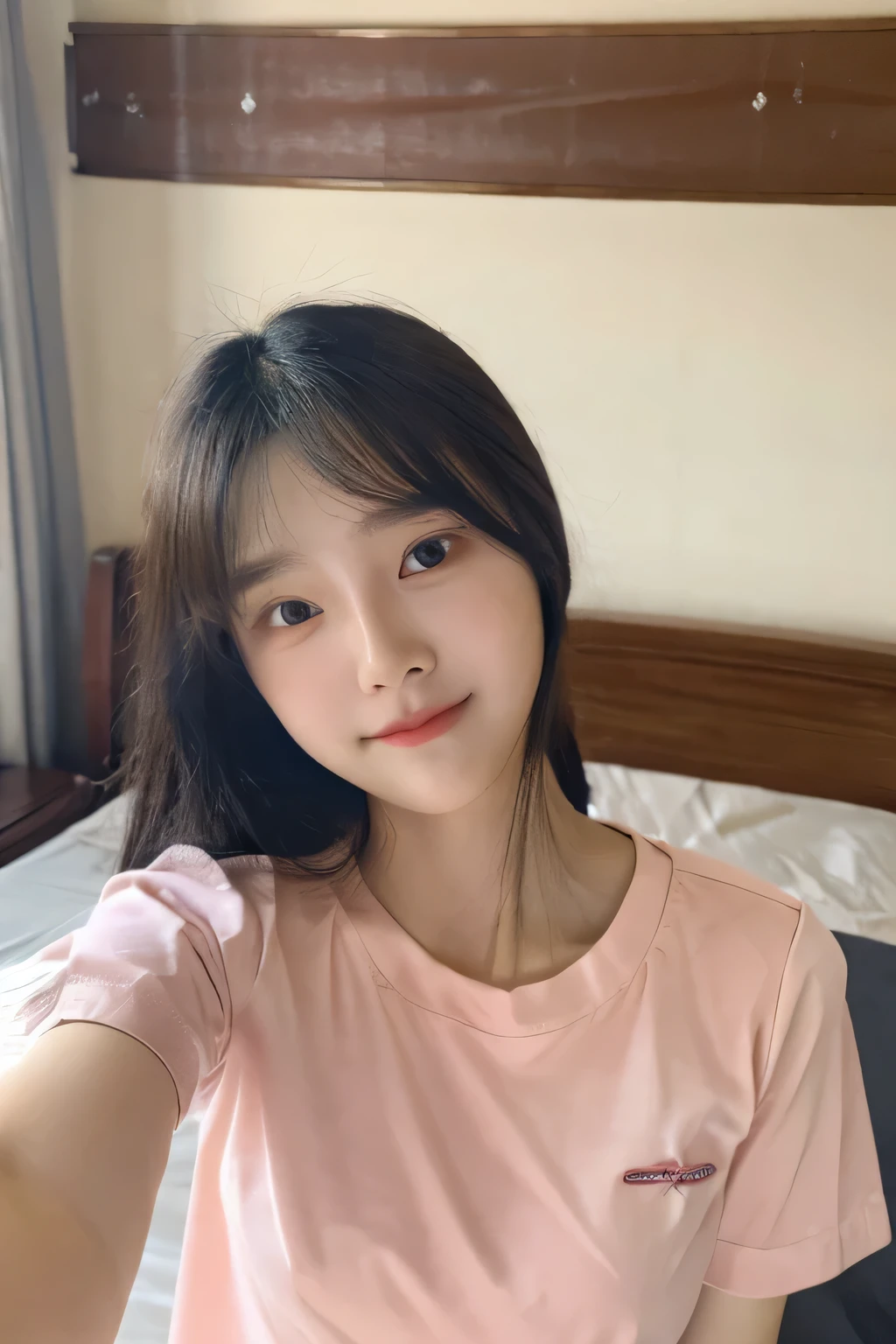 One girl with a perfect body， Very beautiful face and eyes，Long Hair， Pink short sleeves, Big Breasts，The gaze is straight，smile ,Perfect dynamic composition, Beautiful and exquisite,One person,Small face