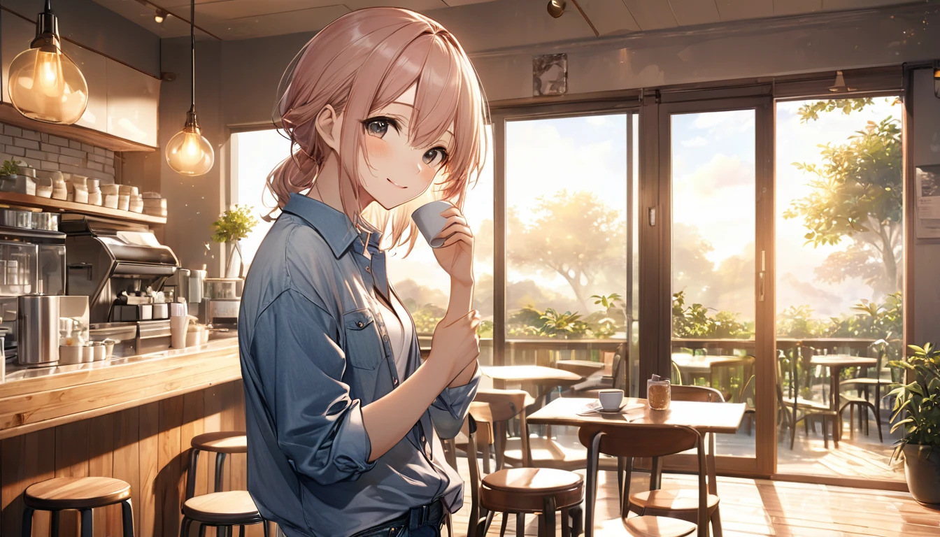 background:A corner of the cafe bathed in morning light。
expression:A calm and relaxed smile。
Costume:Casual shirt and jeans。
Pause:Looking outside with a cup in hand。
scene:In the silence of the morning、A moment of relief。
(Detailed fingers), (Emotional), (Breathtakingly beautiful), (main part:1.2 Whole body), (Anime Style), (Very detailed), (超High resolution, High resolution), (8k), (High resolution:1.2), (Complex and beautiful:1.2)