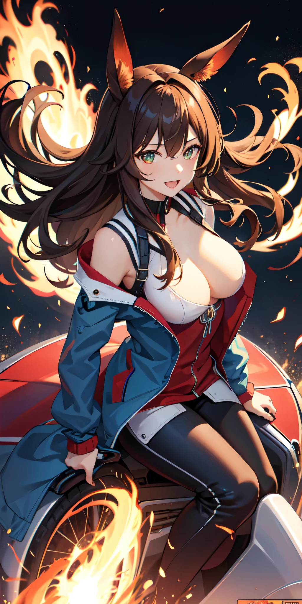 1 person,woman,Medium long hairstyle,Brown Hair,blue flame, Vortex of flames,wallpaper, wind景,Depth of written boundary, night, Particles of light, light, Side light, Thighs,****, cloud,gauze, Large Breasts, Green Eyes, Horse ears, Bright smile,Open your mouth,wind,Riding a red motorcycle,vehicle,Driving,Straddle,Riders jacket,Riders pants,sunglasses,