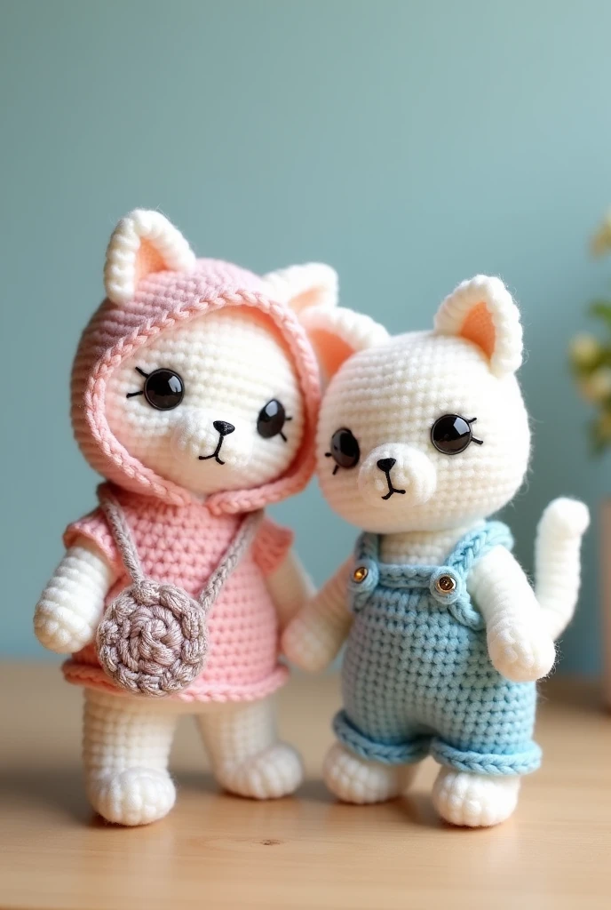 Produk desain,mini plushie, amigurumi , 2 cat,  A chubby cat with white color, wearing pastel pink Hoodie to cover the head, and wearing pink dress, wearing  crochet flower sling bag and a chubby cat,white color , wearing pastel blue jumpsuit, wearing crochet  Sling bag, brand's eyes are made of black amigurumi eyes,  , kawaii design,Head size is larger than body, Product photo with plushie Standing on the wrist 