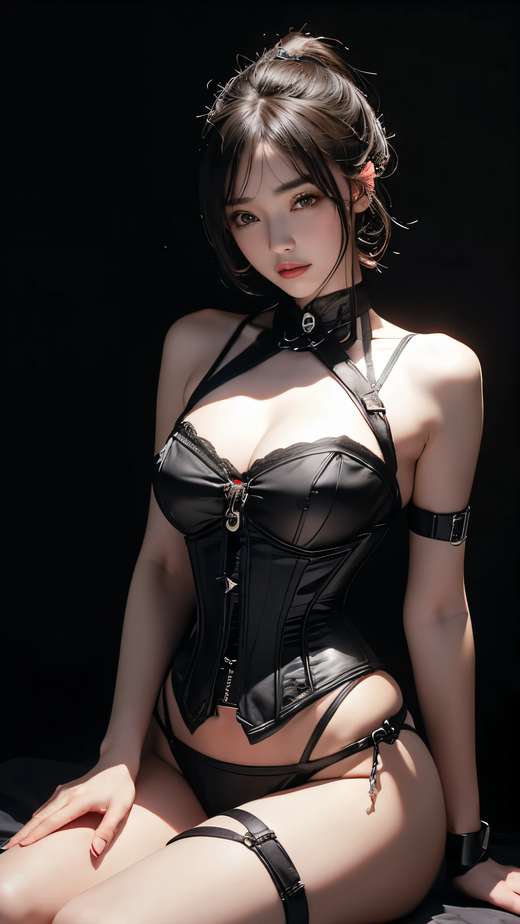 araffed asian woman in a black leather bra and harness, black leather bra, wrapped in leather straps, black bra, black leather harness, in a leather corset, 2 b, 2b, corset, very sexy outfit, waist up portrait, very tight corset, black harness, thin black lingerie, wearing sexy lingerie, sexy style, harnesses and garters