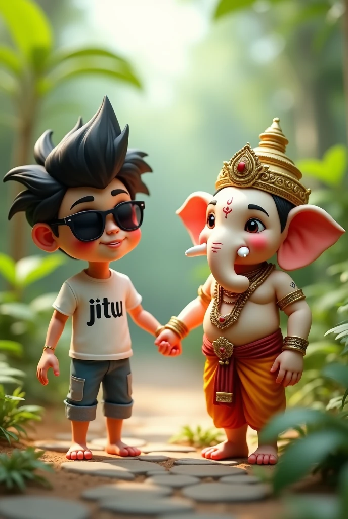 Here's a prompt for creating an image like the one you uploaded:
"Create a 3D rendered image of a young boy with stylishly messy black hair, wearing sunglasses and a white T-shirt with the name 'JITU' printed on it. The boy is holding hands and walking with a cute, anthropomorphic version of the Hindu deity Ganesha. Ganesha is depicted with a white, slightly chubby elephant head, adorned with traditional jewelry and a crown. The background is a serene, green, garden-like environment with soft lighting, creating a warm and peaceful atmosphere."