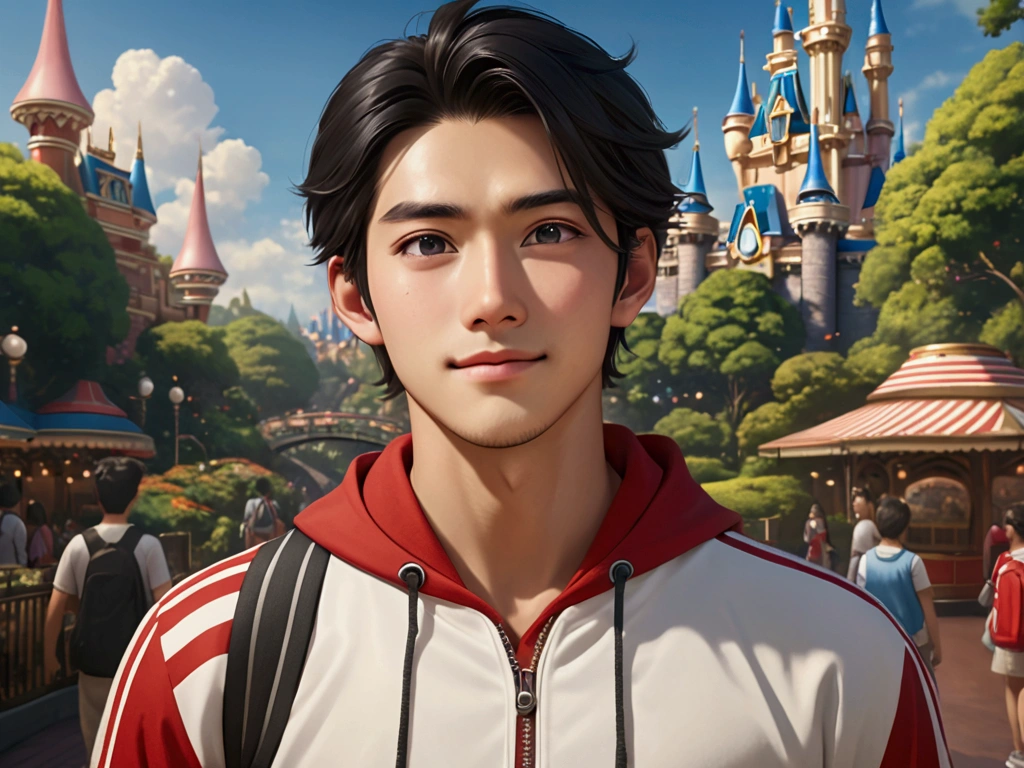 Japanese,25-30 years old, Handsome and sporty outfit , fair skin, black eyes(thin eyes 1:3), (Super detailed, Realistic, best quality, 4K, 8k, High resolution, masterpiece:1.3), The background is Disneyland tomorrow land. he is very happy