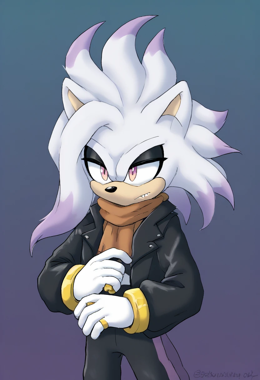 (1 boy), (Alone), Bat, white fur, similar a Sonic the Hedgehog (masculine), white hair, Light purple highlights on the tips of the hair, loose hair, a big fringe of hair, lilac eyes, white jumpsuit, black jacket, High neck scarf type, black yoga pants, white gloves, Cuffs with gold rings around the wrists resembling shadow, make up, day time, Mobian, Mobius City, empty expression , boy, Arms crossed 