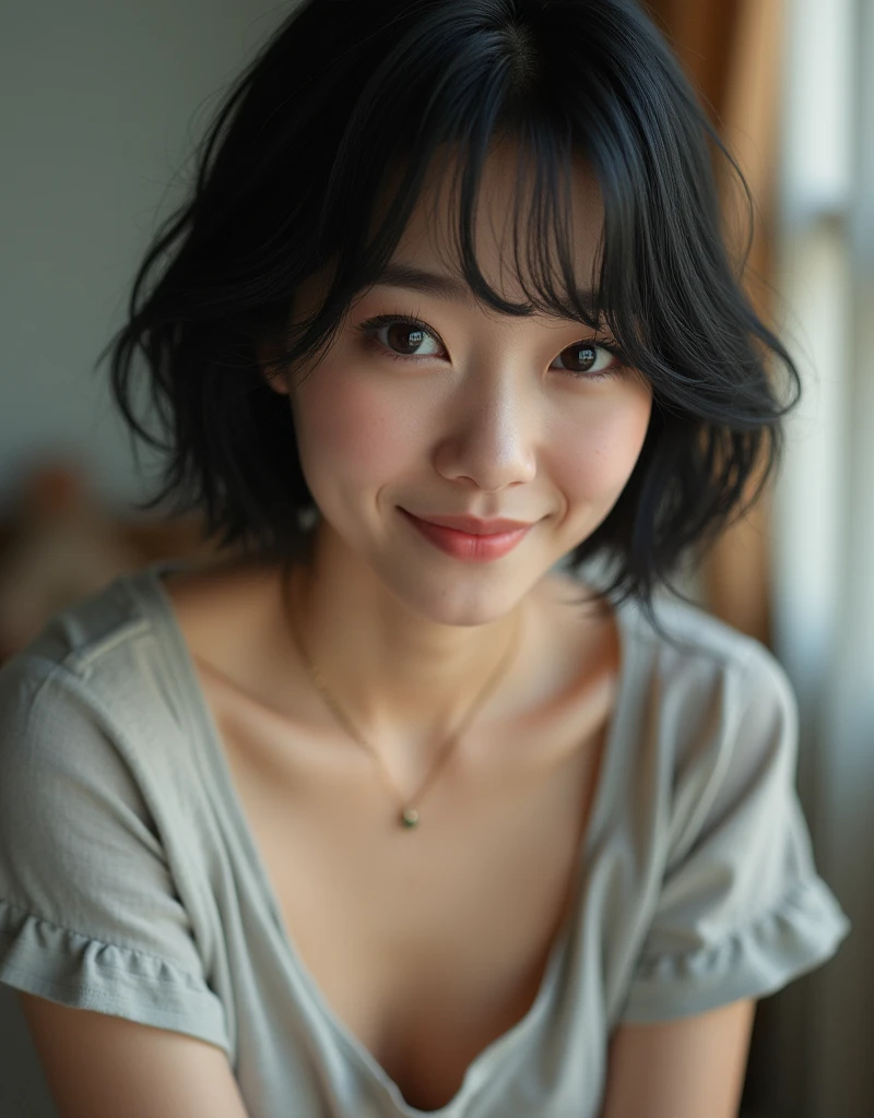 (Highest quality, 8k, 32K, masterpiece, Ultra-high resolution:1.2), Beautiful Japanese Women Photo, Black short hair, Beautiful Face, (Leaning forward:1.3), (close:1.4), indoors, Look at audience, smug look, slight grin, Loose fitting T-shirt, cleavage, Blurred Background