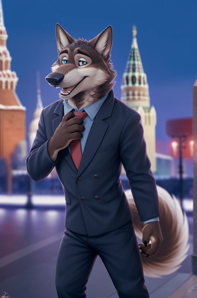 Larry (Moscow) , русский лесной wolf, gray fur, (brown body:1.3), beautiful icy blue eyes, Moscow, dressed, blazer, shirt, Red tie,trousers,canine, wolf, detailed fur, Male, antro, paw pads, finger claws,Holds roses, at viewer, 5 fingers, paws, 4 toes,
BREAK from nextel, for dating, by xenoforge, (difficult, high detail, film photography, soft focus, RAW explicit cinema,smile, a good mood, teeth, open mouth,
photorealism, realistic, photorealistic, digital style, subsurface scattering,
masterpiece, Best quality, ultra realistic, 8 K)