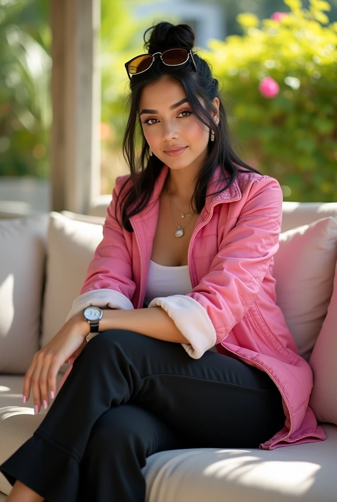 Full body beautiful white pale skin middle east woman, 5'7" tall, top bun medium black hair, deep brown eyes, wearing zip up quilted pink nylon jacket, black bell bottom pants, white top, rolled up sleeves, zipping up jacket, up collar, cleavage, happy smile, lying on sofa outside, sandals, summer sunny day, bag, sun glasses over head, watch and bracelet, neck chain, ear rings, crossing legs