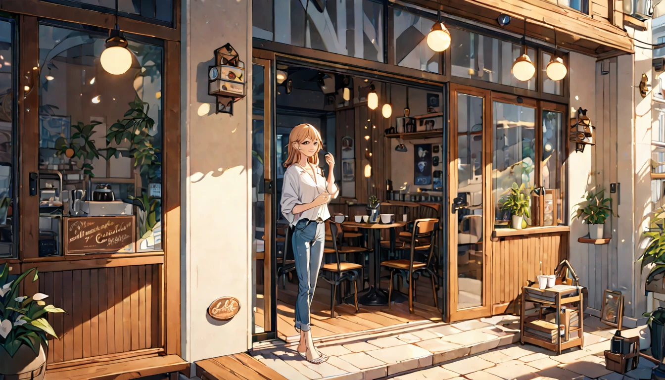 background:A corner of the cafe bathed in morning light。
expression:A calm and relaxed smile。
Costume:Casual shirt and jeans。
Pause:Looking outside with a cup in hand。
scene:In the silence of the morning、A moment of relief。
(Detailed fingers), (Emotional), (Breathtakingly beautiful), (main part:1.2 Whole body), (Anime Style), (Very detailed), (超High resolution, High resolution), (8k), (High resolution:1.2), (Complex and beautiful:1.2)