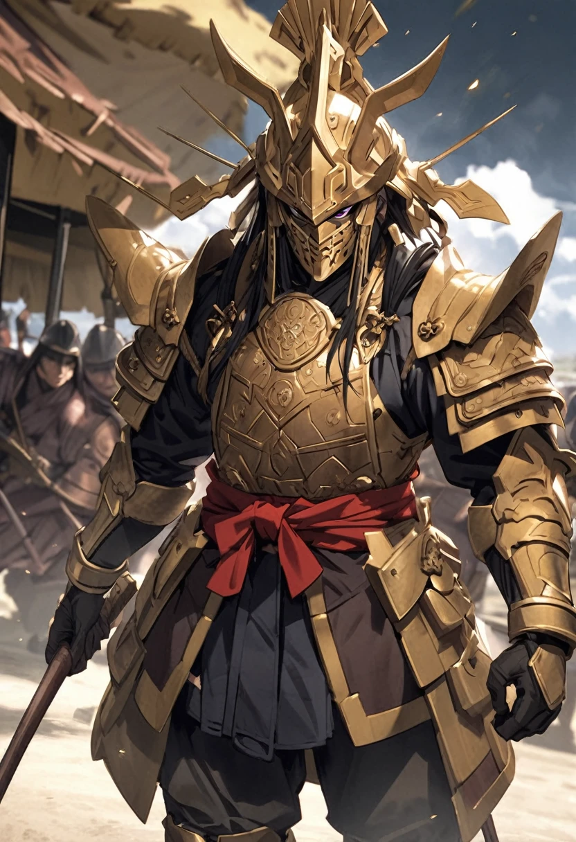 It captured the essence of Honda Tadakatsu.、A close-up of a Sengoku warlord's face from the front。He has a serious and intense gaze.、Has a distinct facial appearance。Dressed in elaborate traditional armor、He wears a helmet with prominent antlers on the front, signifying his high rank.。The backgrounds include subtle hints of historical Japanese castles and battlefields.、His role as a powerful and influential warlord is highlighted.。」Face close up