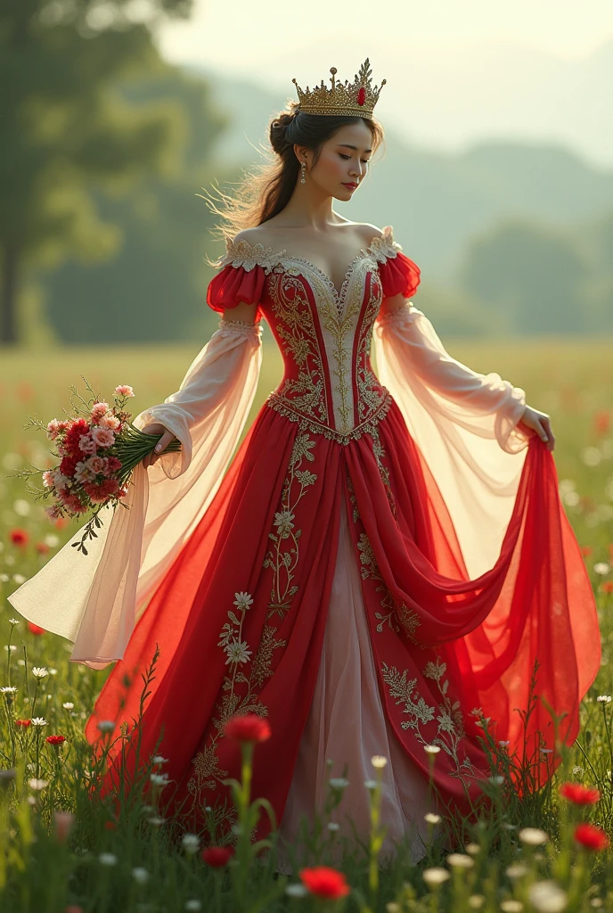 Photoshot of a beautiful woman dressed as the queen of the red and white king city and the city . the one on the shoulder has a long cloth. 
Dancing in the green meadow while holding flowers  