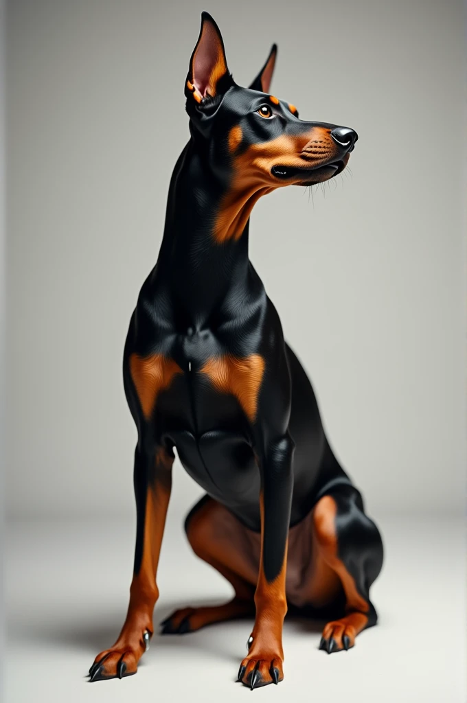 Generate an ultra-realistic 4K photo of a Doberman Pinscher with a sleek, muscular build, portrayed with vibrant fur colors and an intense, alert expression.”