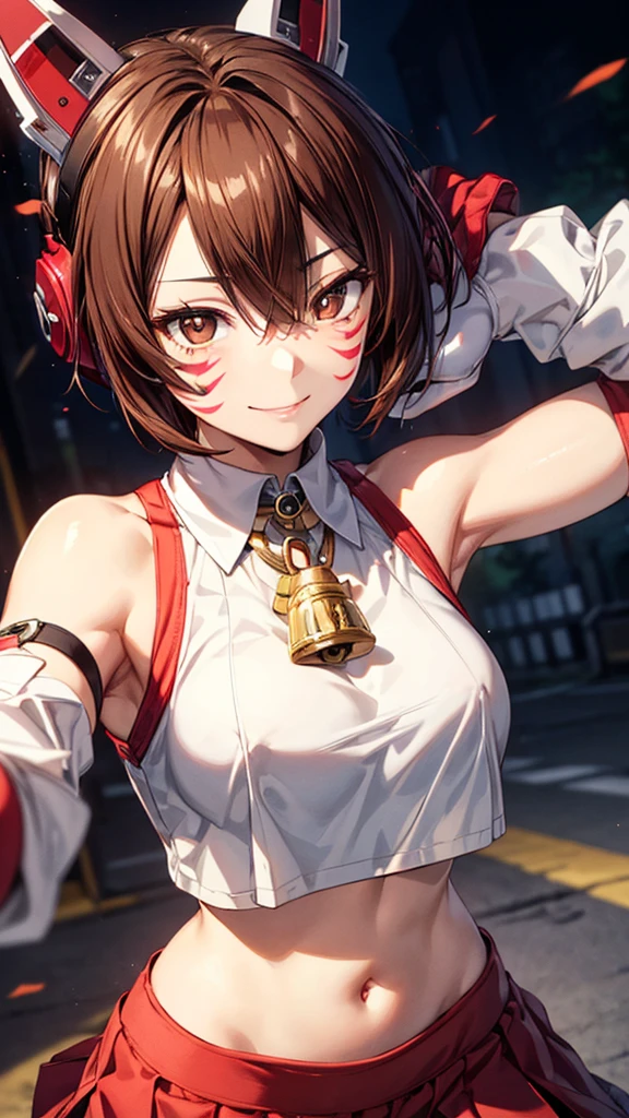 shinososaki, shino sosaki, short hair, brown hair, animal ears, hair between eyes, (brown eyes:1.5), headgear, facial mark, facepaint, smile,gloves,(large breasts,topless,show off nipples), navel, sleeveless, midriff, bell, red skirt, neck bell, animal hands, masterpiece,Noise Reduction,perfect anatomy,high resolution, ultra-detailed, ultra-detailed face,game cg,dutch angle ,beautiful detailed eyes,visualart,five fingers, perfect hands, perfect lighting, sparkling pupils,