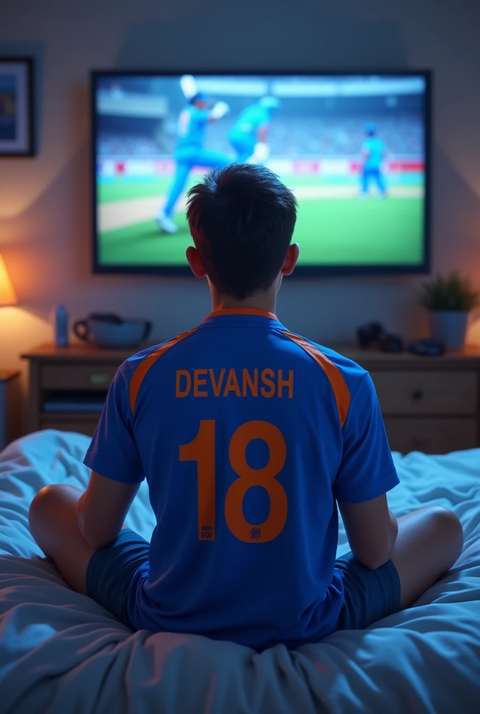 A handsome boy sitting on the bed and see cricket in telivision and wear a Indian cricket team jursey no 18 and jursey name is devansh