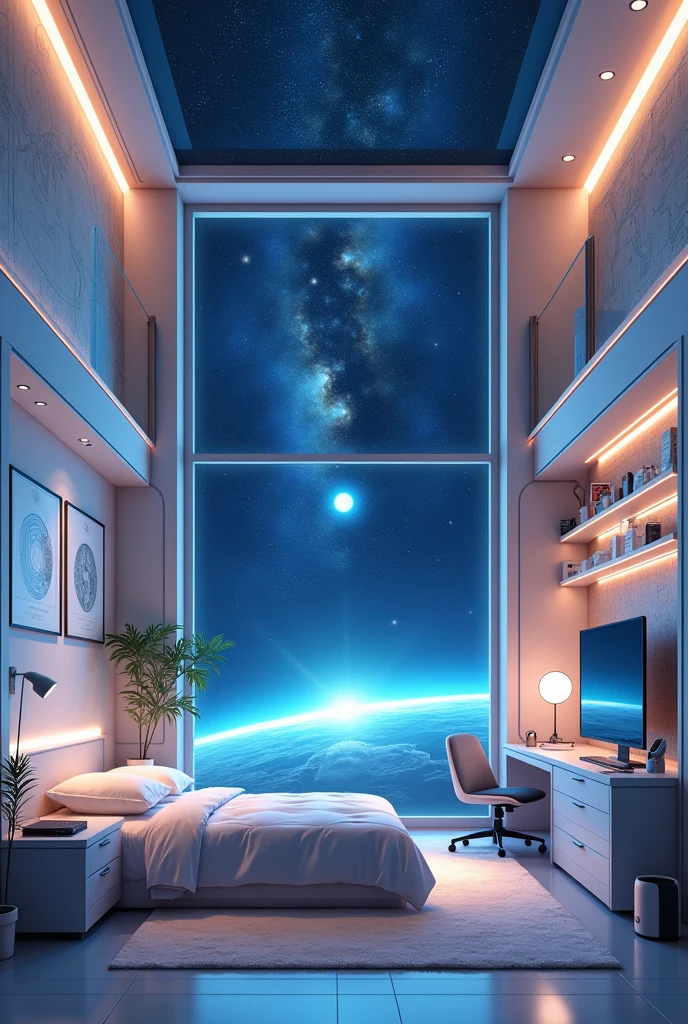 (without color), (anime style), bedroom with two floors.
- **Decoration:** The walls could be adorned with star maps or galaxy diagrams, emphasizing his space traveler nature. Open shelves display artifacts or souvenirs from the planets he has visited. - **Furniture:** Minimalist furnishings with clean lines, perhaps made of metallic or glass, reflect the advanced technology he has encountered in his travels. A neat yet functional work desk would be the centerpiece of the room, perhaps equipped with some sort of technological gadgetry such as a holographic screen. - **Lighting:** Hidden LED lights with mood-changing colors, giving the room a dynamic feel. There could also be a central light that mimics starlight, giving the room the impression that it is part of a larger universe. - **Lounge Area:** A chair or sofa facing a large window looking out at the stars, perhaps with a blanket or pillows for a little personal touch and comfort. - **Accessories:** The room will also have some futuristic tech elements like wireless chargers for devices, a smart sound system, and maybe a virtual window showing views of outer space or planets he longs for.