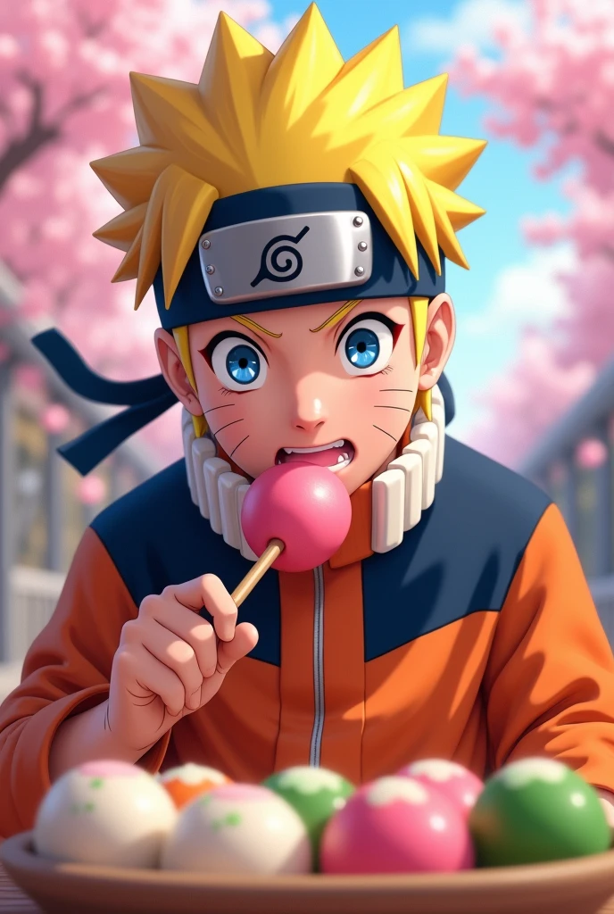 Naruto eats a pink skewer, white, hijau Hanami dango, Hanami 🍡

