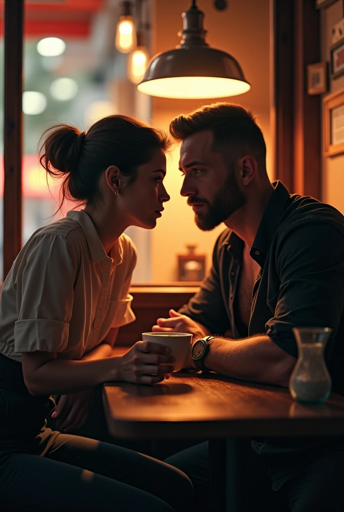 Bartender and boxer (enemies to lovers) on a date at a coffee shop
