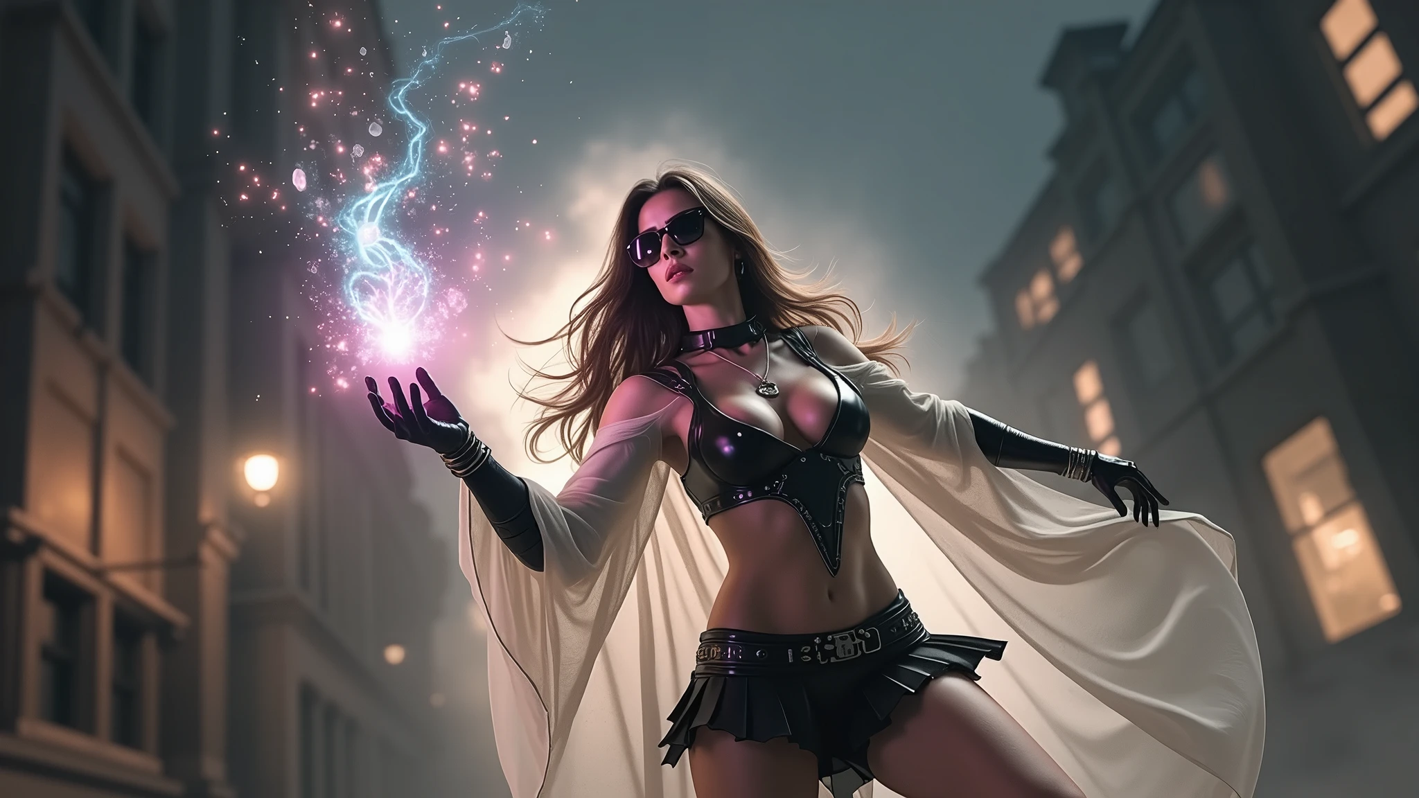 A young futuristic female sorcerer with a glowing floating small crystal stone, releasing mysterial spell and magical power, facing and defeating dark forces and beings. She stands with her right hand raised forward with a blue fire of light, floating ghost-like evil spirit chasing behind, at night, (1girl, solo, alone), photorealistic, large-breast slim:0.6 body, oval:0.5 face, cleavage:1.1, very low angle view of pleated miniskirt, deep-v, (upskirt), glove, (Matrix style black micro sunglasses), dynamic running pose, (half-body thigh level close-up shot), cinematic lighting, ray tracing, motion blur background.